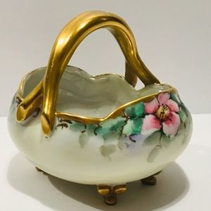 Antique Osborne China Hand Painted Pink Flowers Gold Trim Porcelain Basket